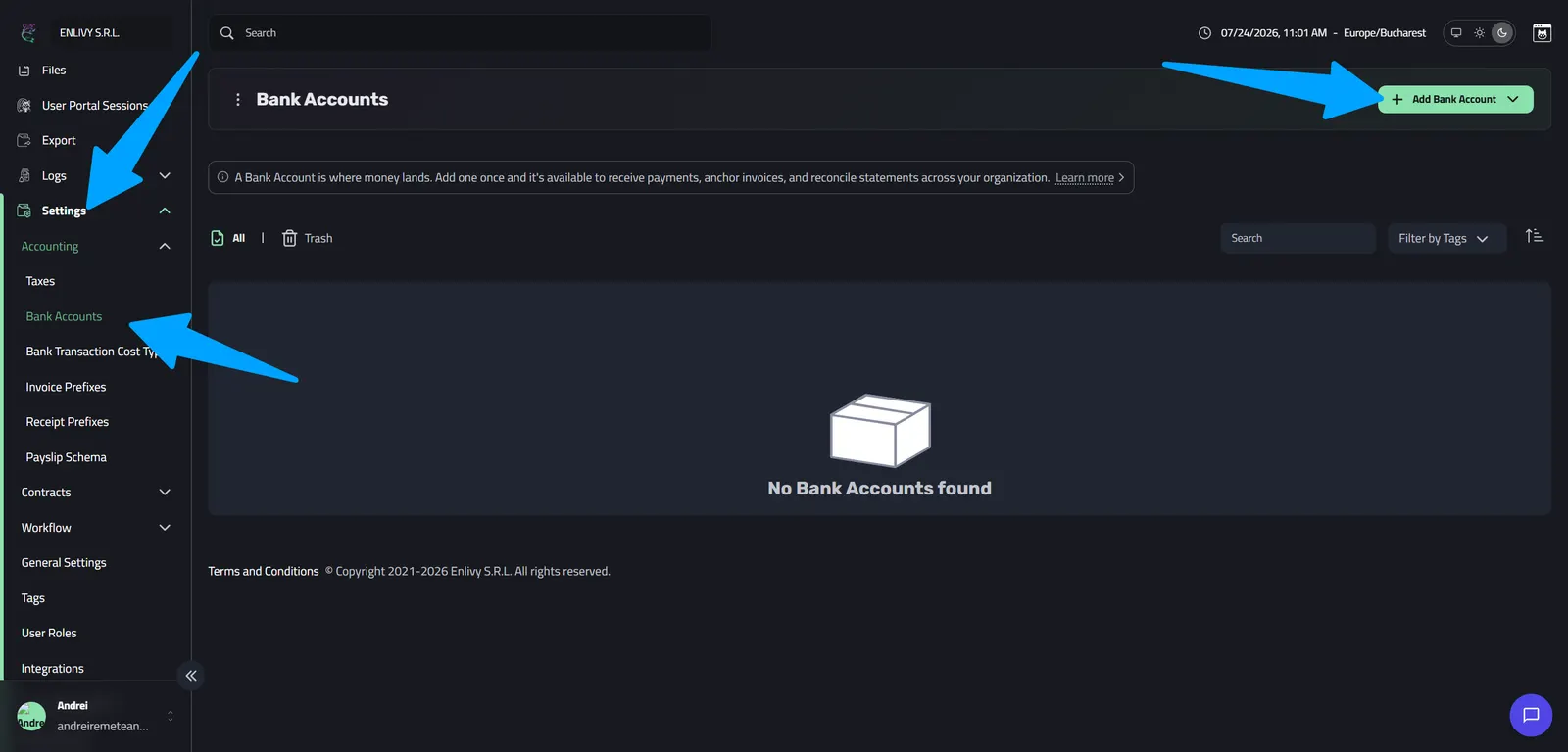 The empty Bank Accounts page in Enlivy reading No Bank Accounts found, with the Add Bank Account button in the upper-right corner
