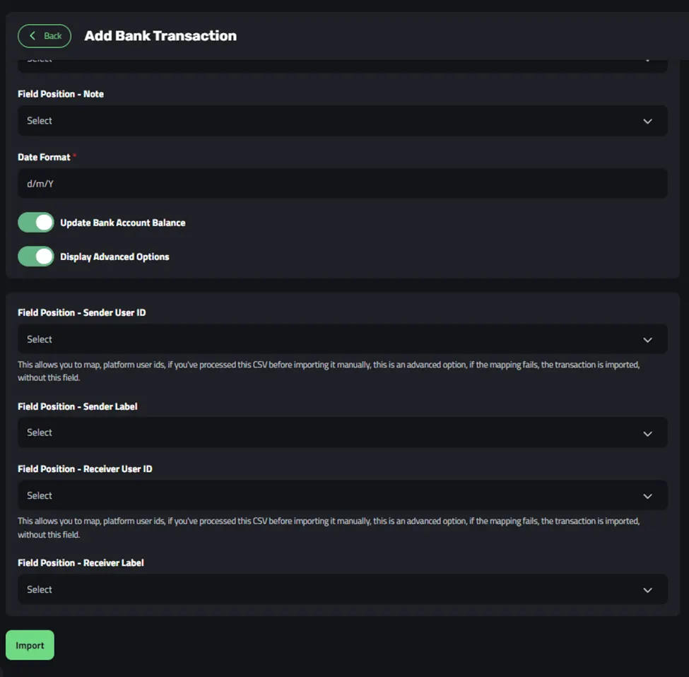 The advanced import options for mapping sender and receiver fields