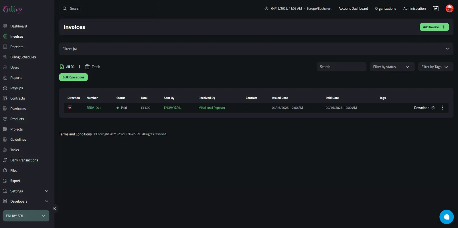 Overview of the Invoice Dashboard, displaying the newly created invoice with options to manage, edit, tag, delete, or download.
