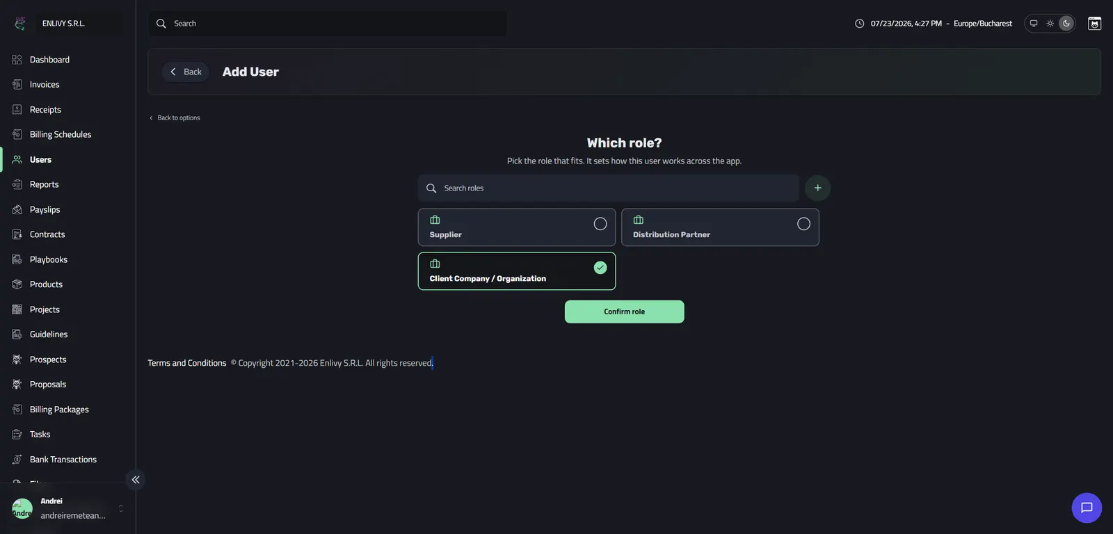 The role selection step shown when creating a company manually