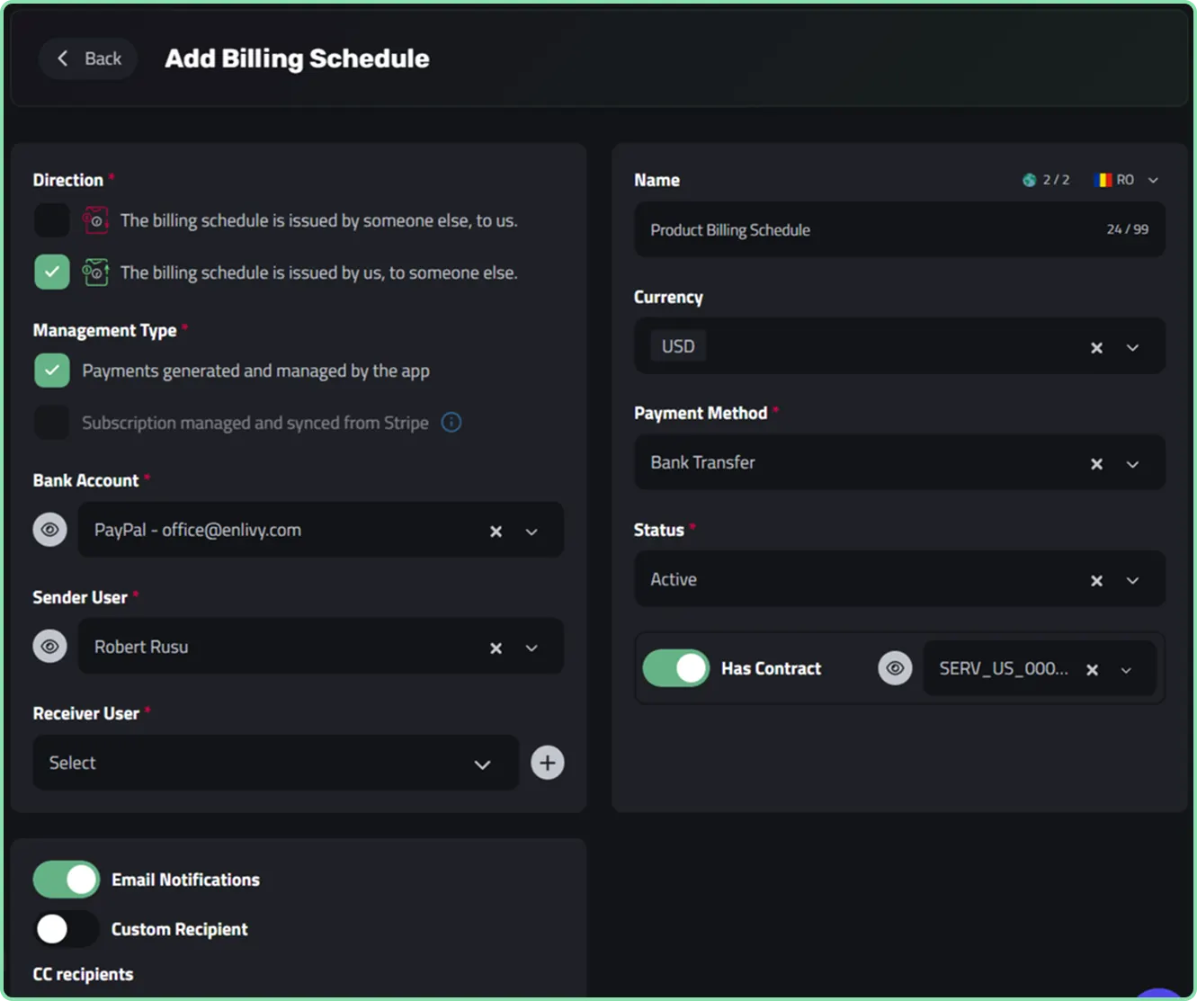 Creating a billing schedule in Enlivy