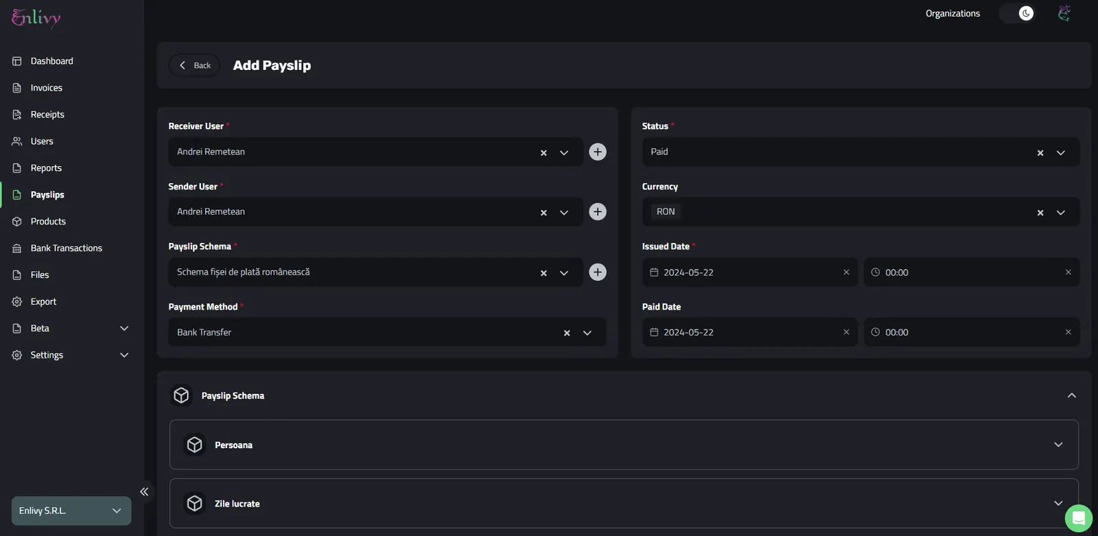 Example of filled fields when adding a Payslip