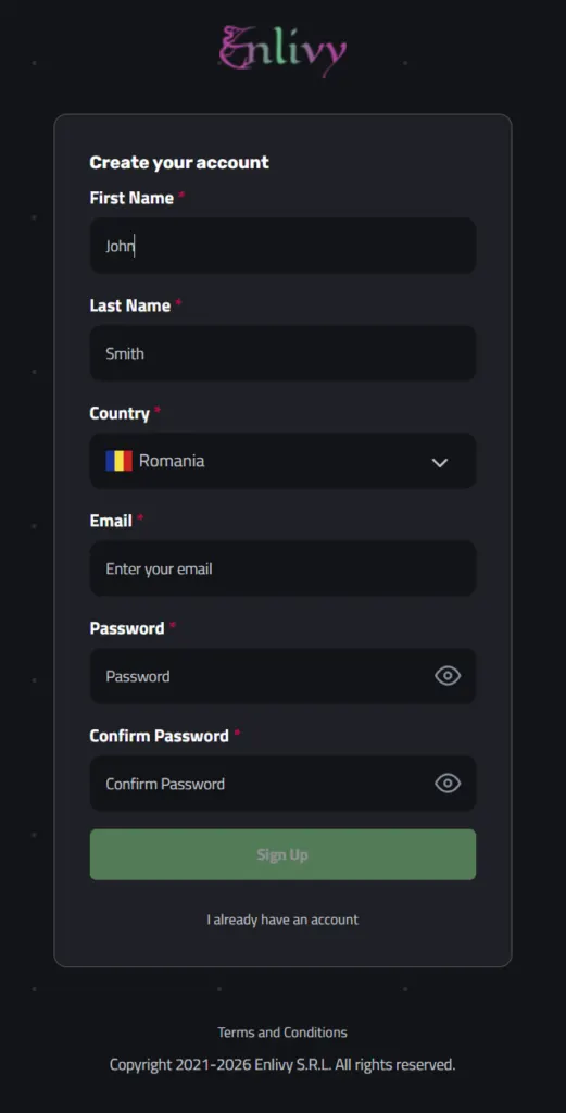 The Enlivy sign-up screen