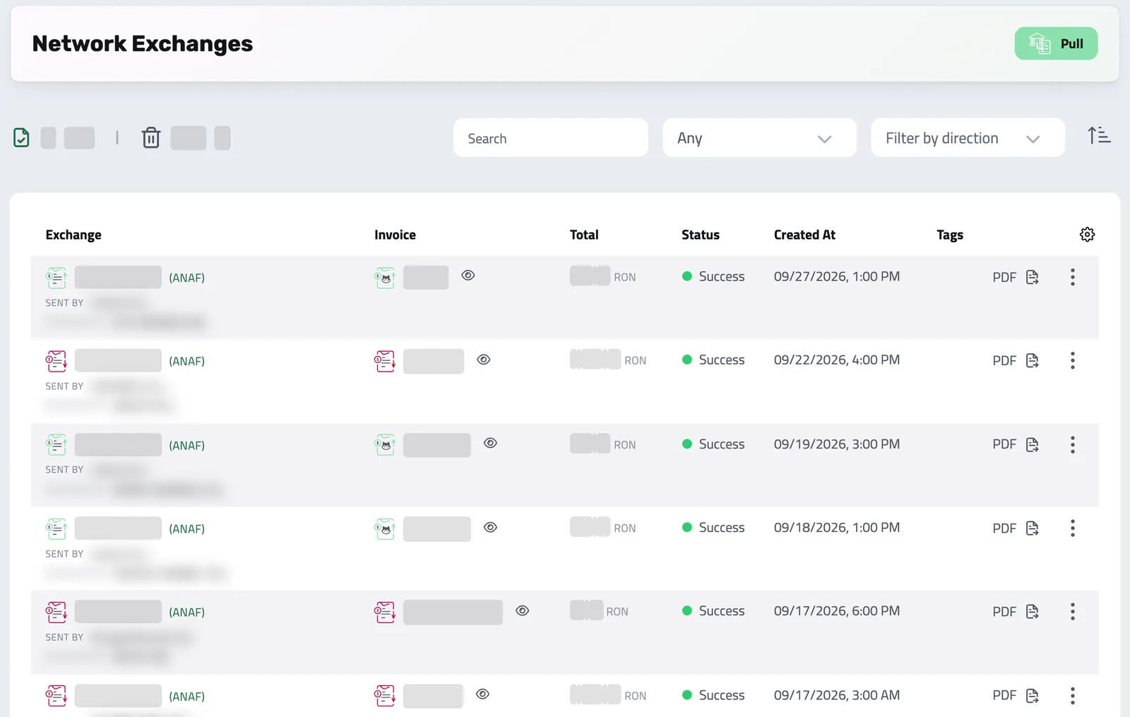 The e-Factura exchanges with ANAF, each with its status and date; numbers, parties and totals blurred