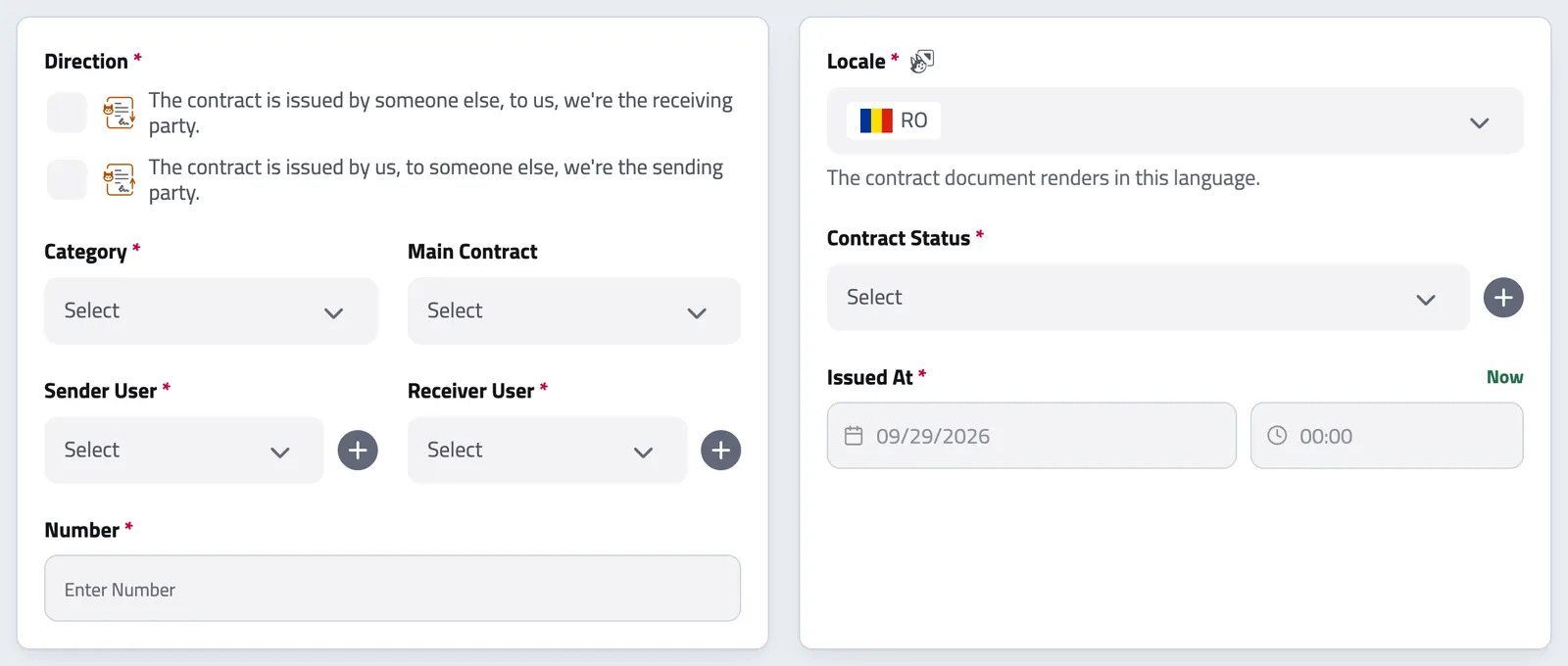 The new contract form: direction, category, main contract, sender and receiver, number, language, status and issue date