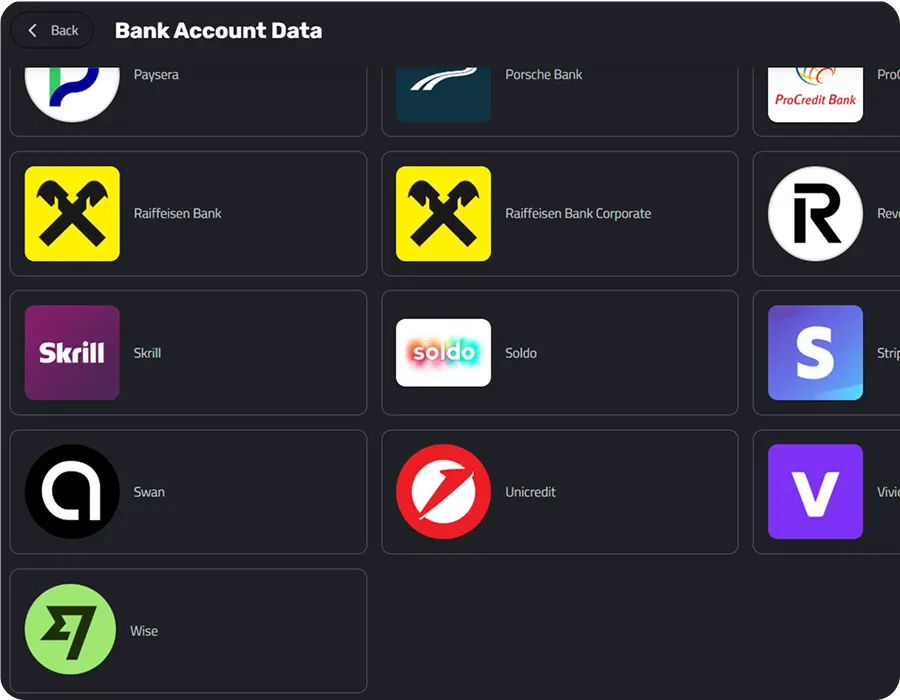 Choosing a bank from the supported list
