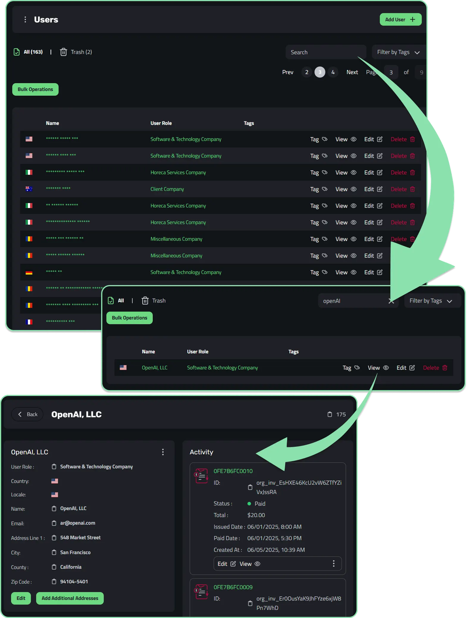 Enlivy user and contact management with roles and filters