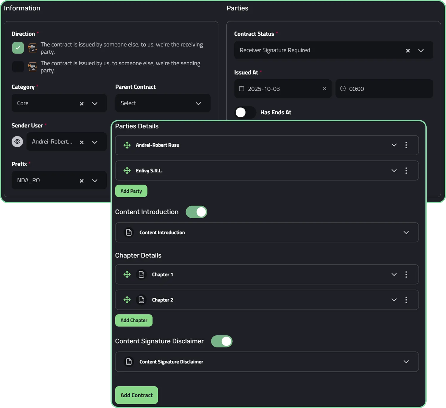 Filling in contract details in Enlivy