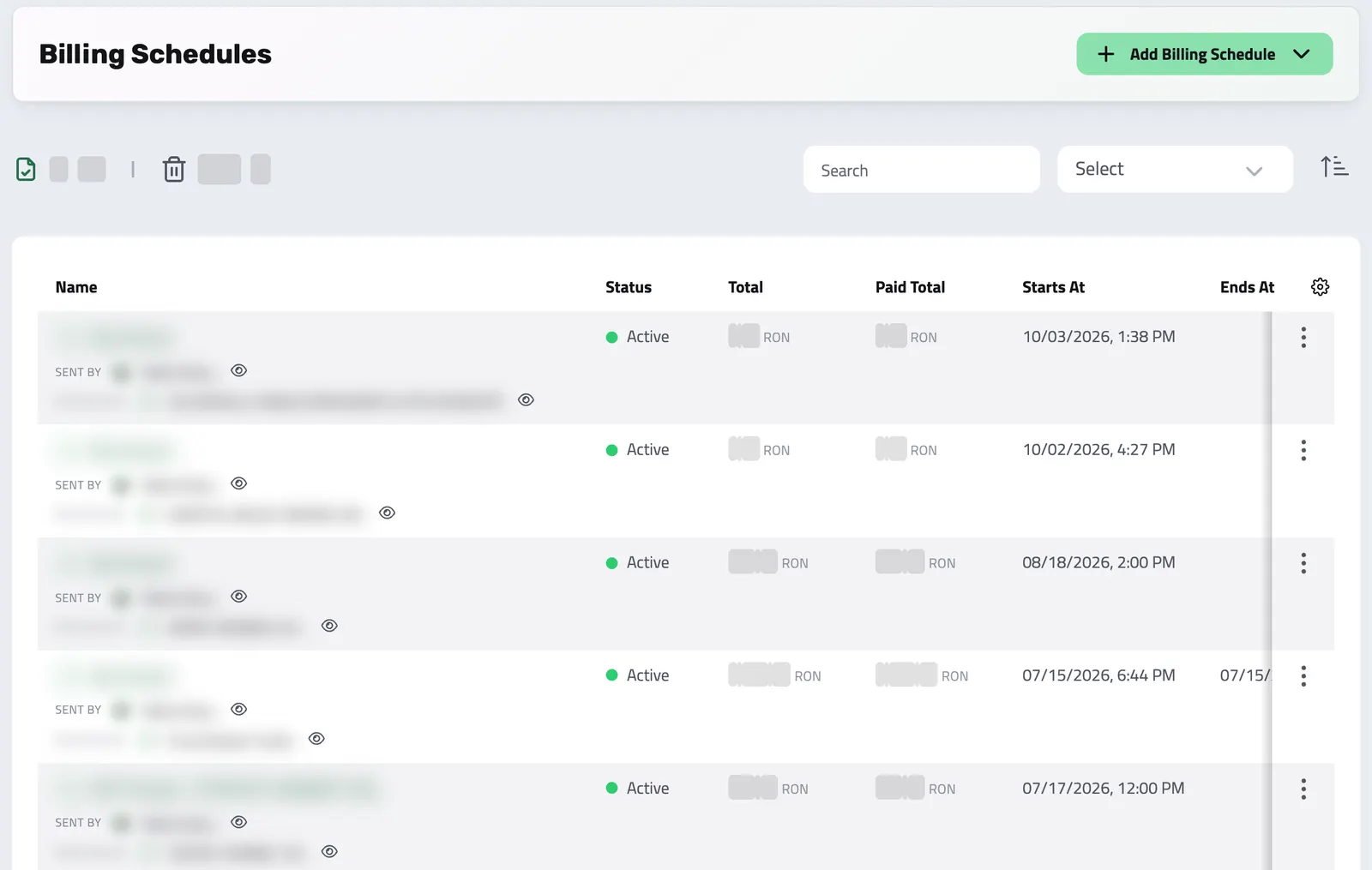 The Billing Schedules list with each schedule's status and dates; names and totals blurred