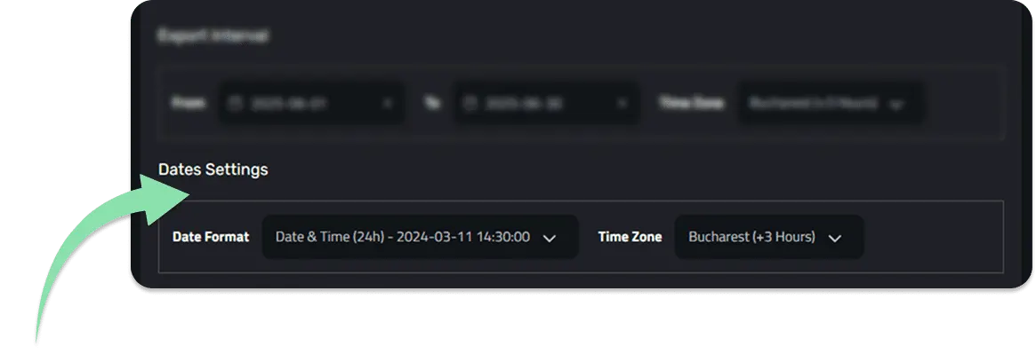 Choosing the date format and locale for the export in Enlivy