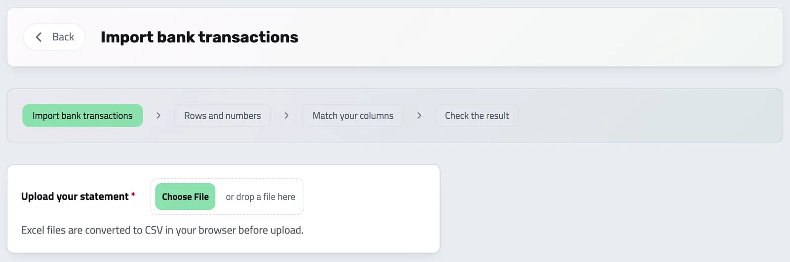 Importing a bank statement: upload, rows and numbers, match the columns, check the result