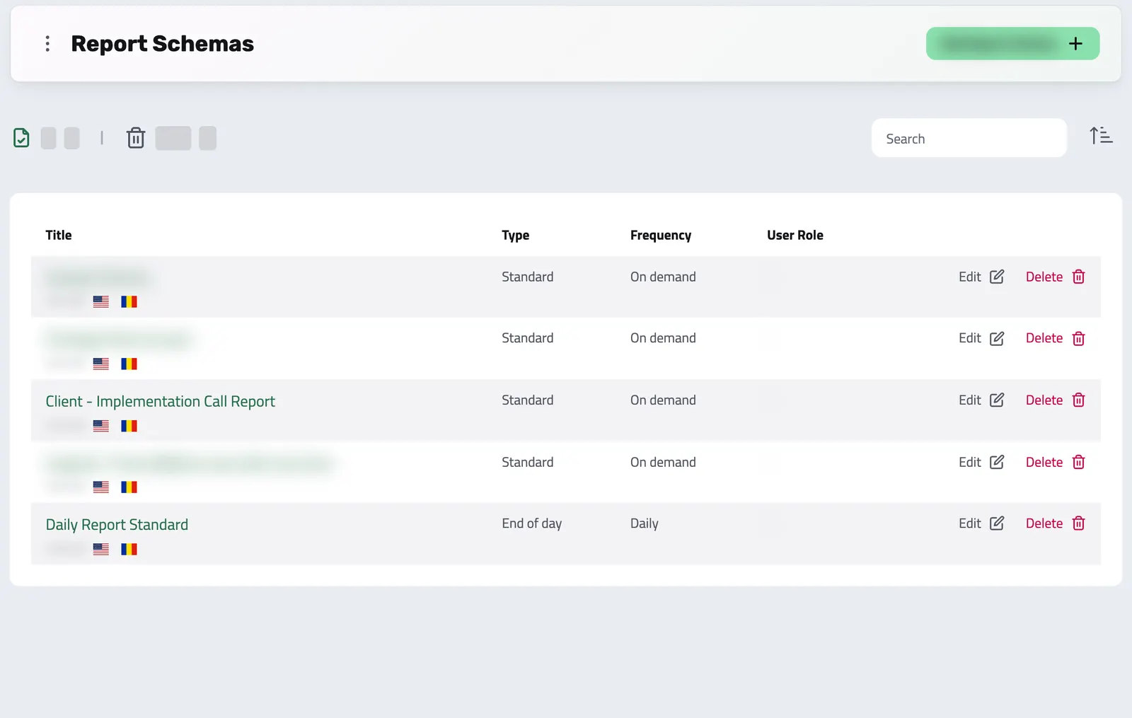 The Report Schemas list with each schema's type and how often it is filled in