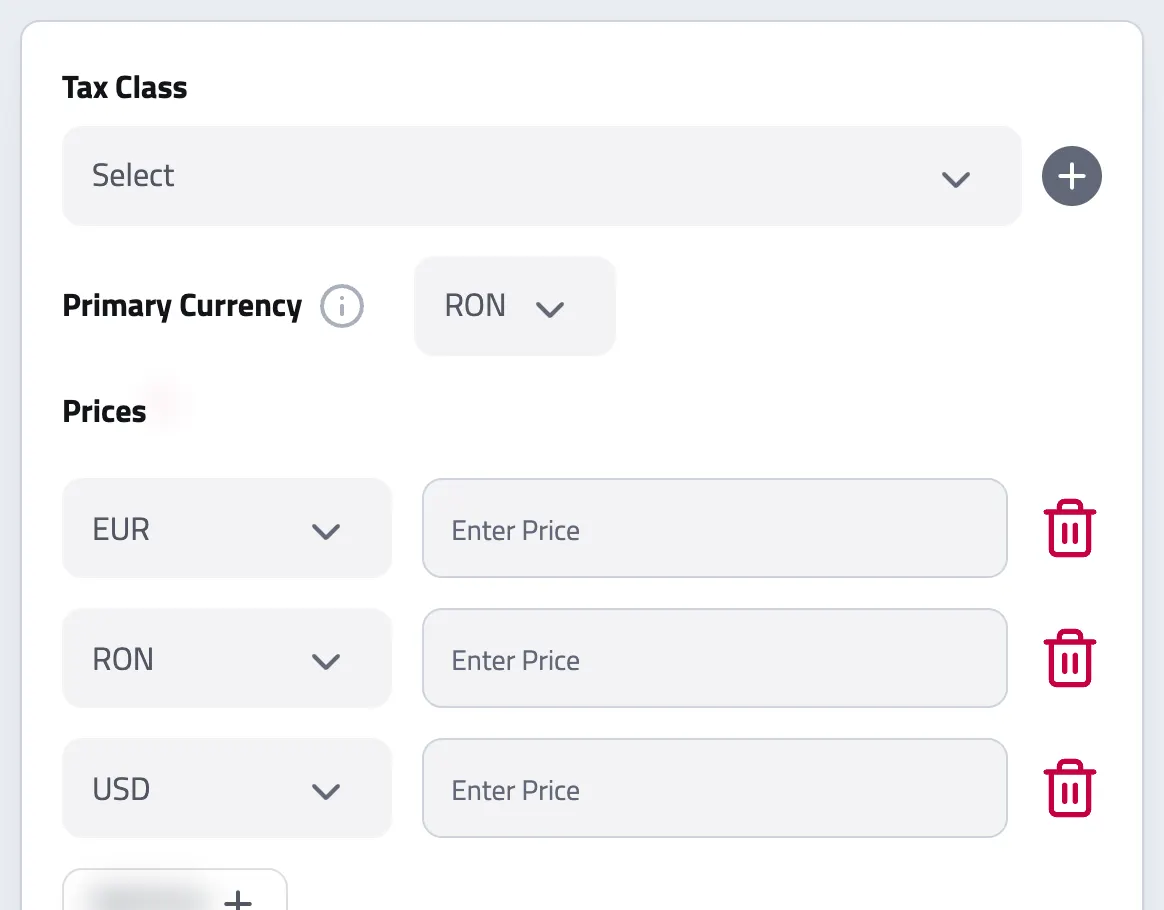 The new product form's tax class and prices in several currencies