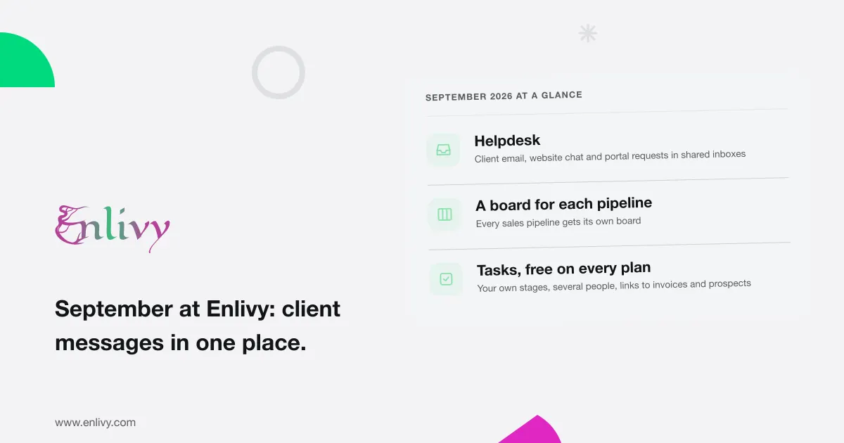 Enlivy in September 2026: one place for client messages, and a board for every pipeline