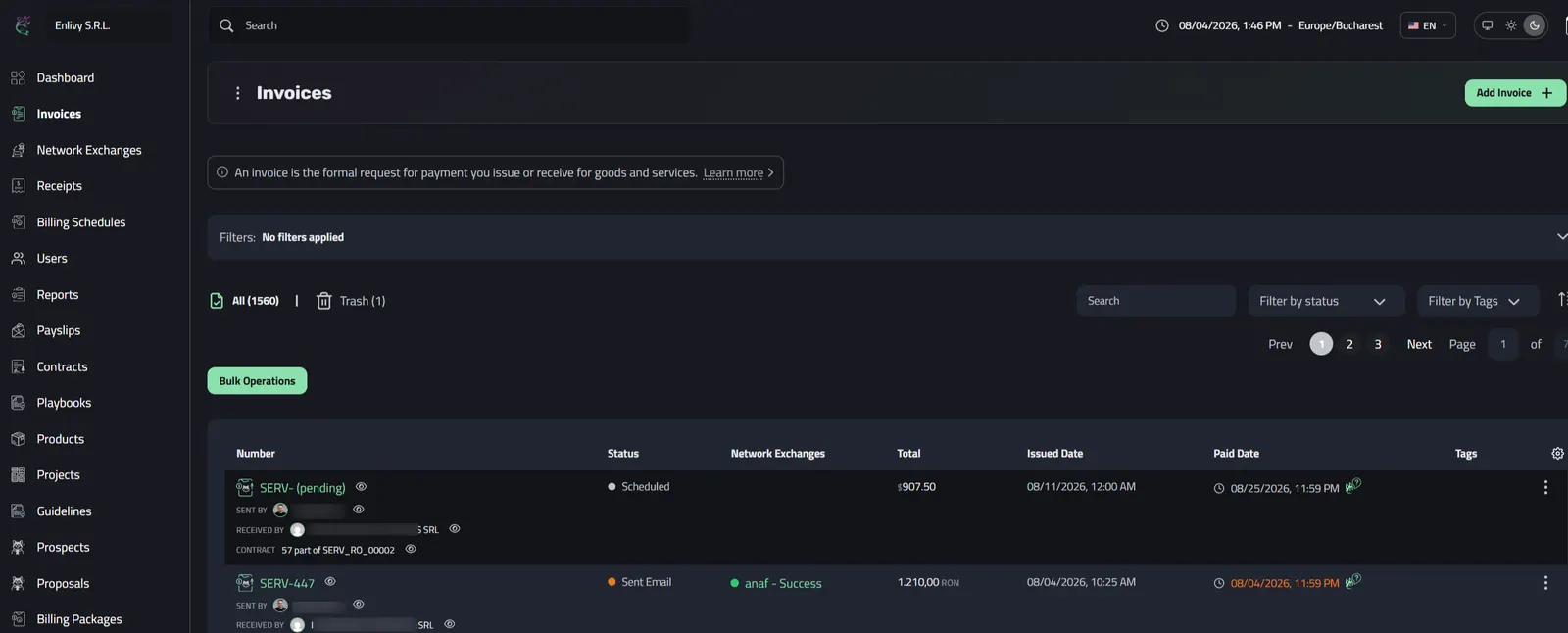Scheduled invoice with a pending number in the Enlivy dashboard