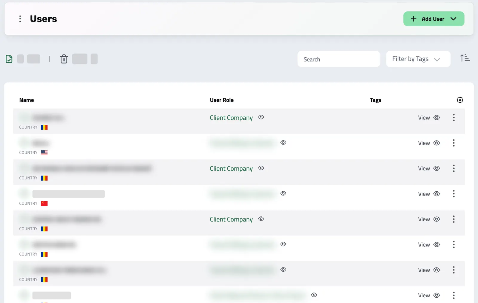 The Users list with people and companies and the role each one has; names blurred