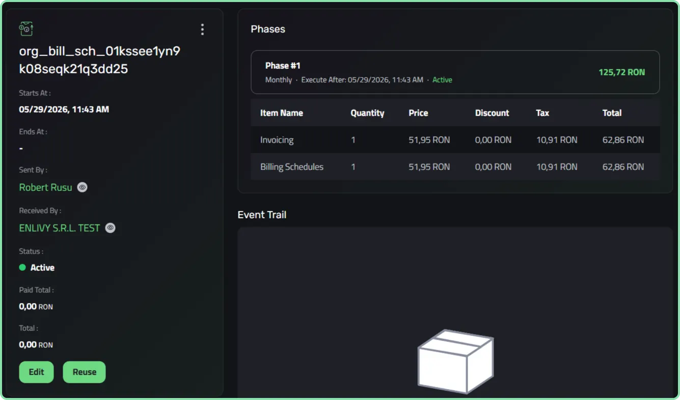 A billing schedule updating automatically in Enlivy