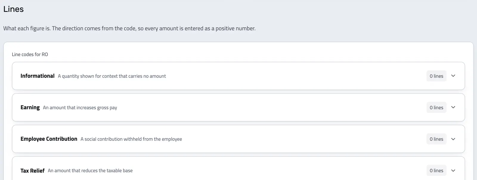 A payslip's lines by kind: informational, earning, employee contribution, tax relief