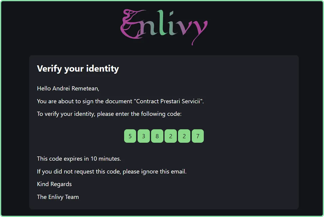 A signer receiving their individual contract signing link in Enlivy