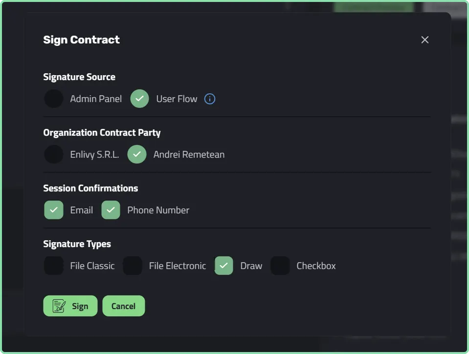 The contract signature flow in Enlivy