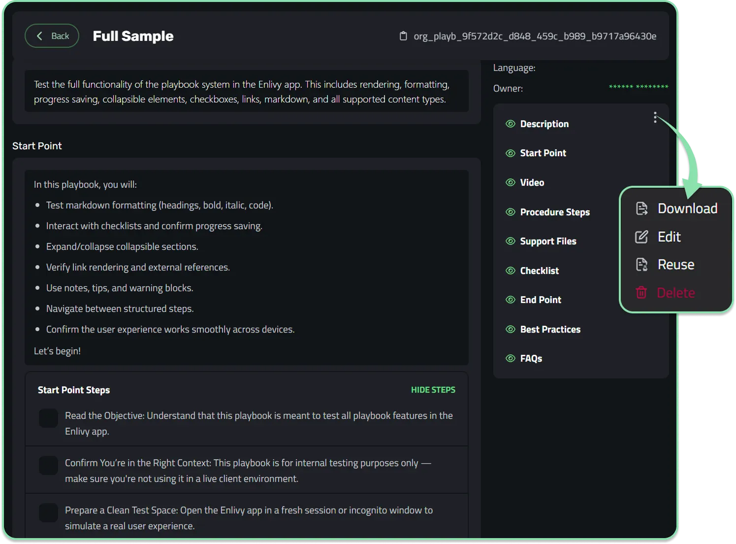 Saving and downloading a playbook in Enlivy