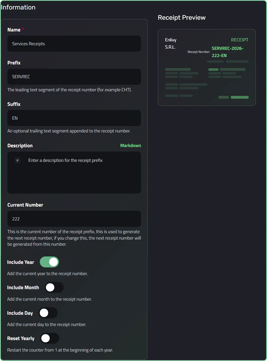Receipt numbering series configured in Enlivy
