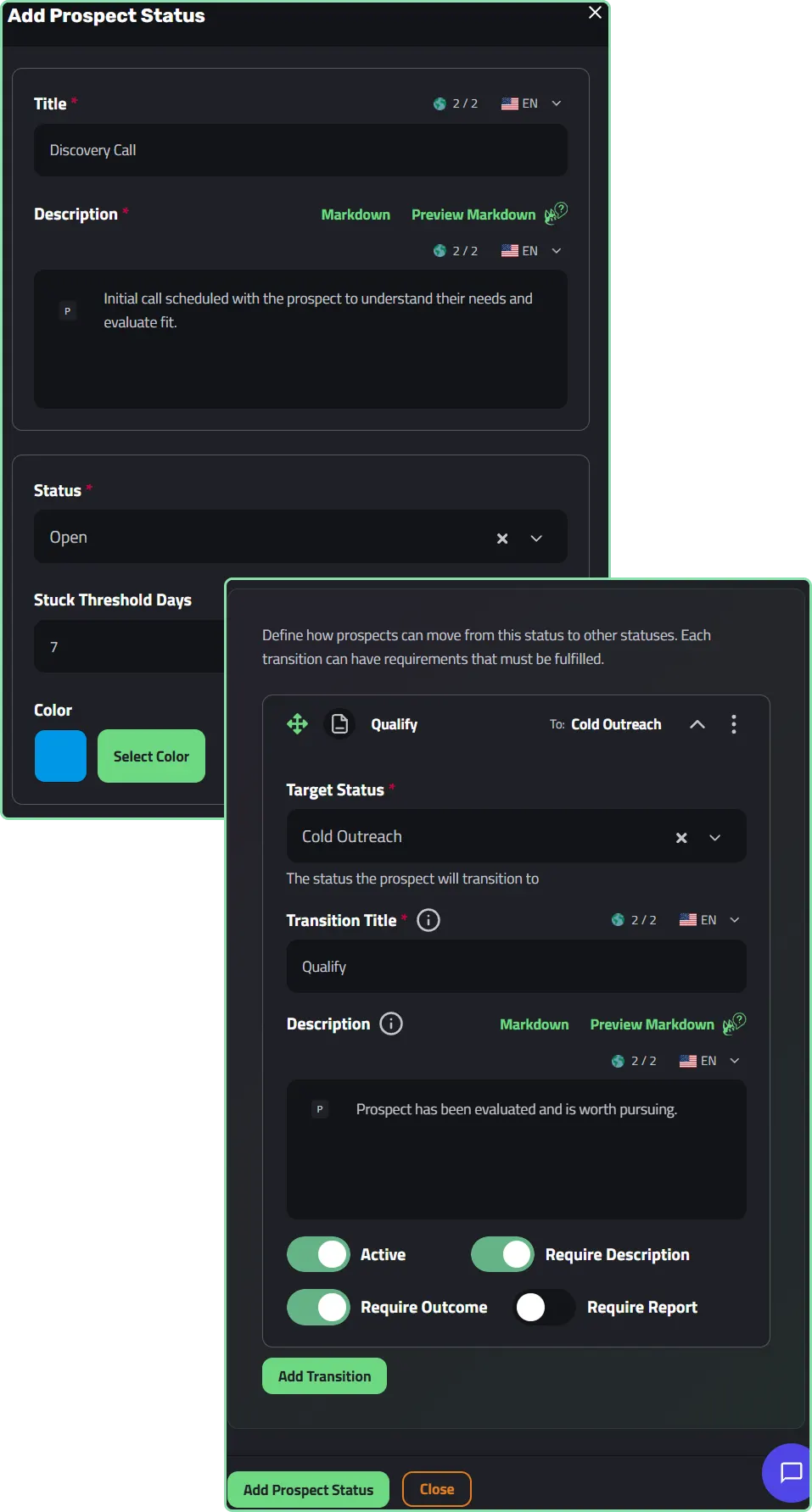Custom prospect pipeline stages and status rules in Enlivy