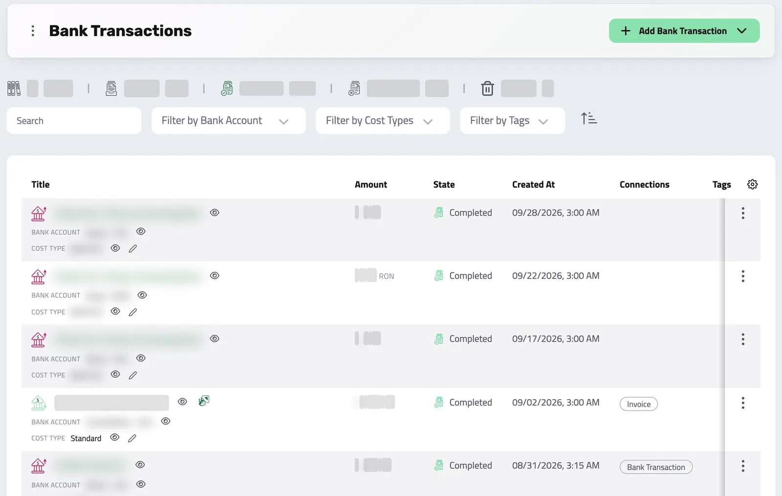 The bank transaction list with each payment state, date and the kind of record it is connected to; titles and amounts blurred