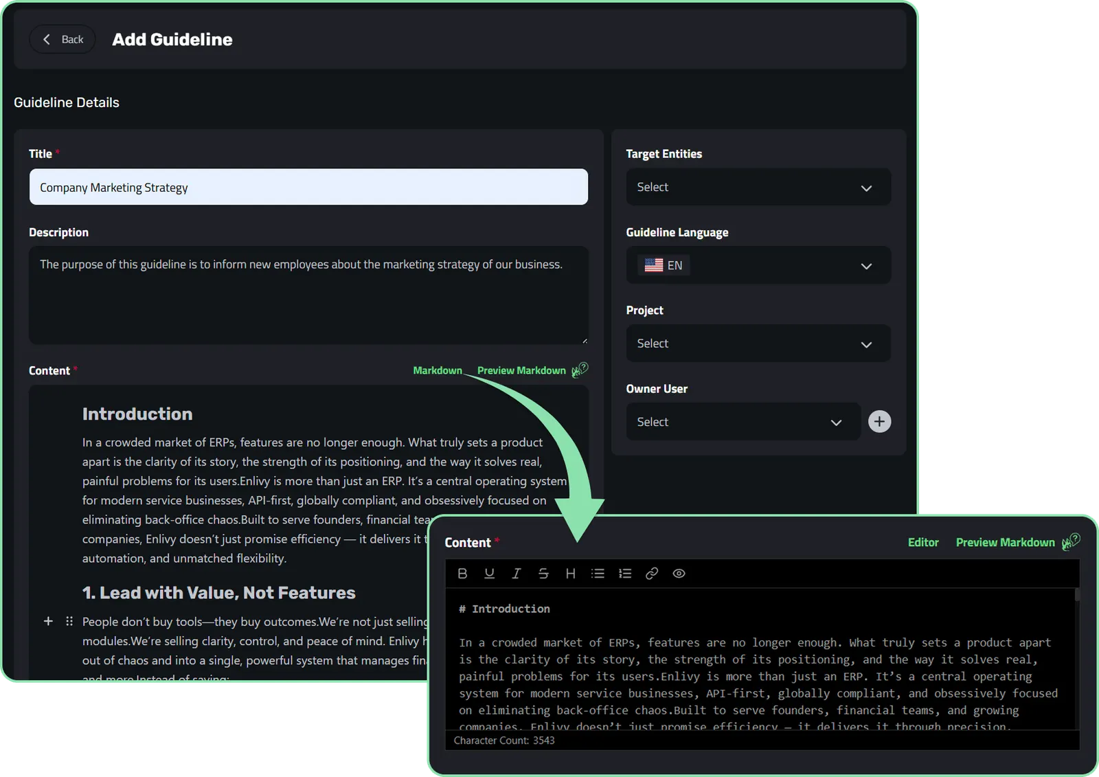 Writing guideline content in Markdown in Enlivy
