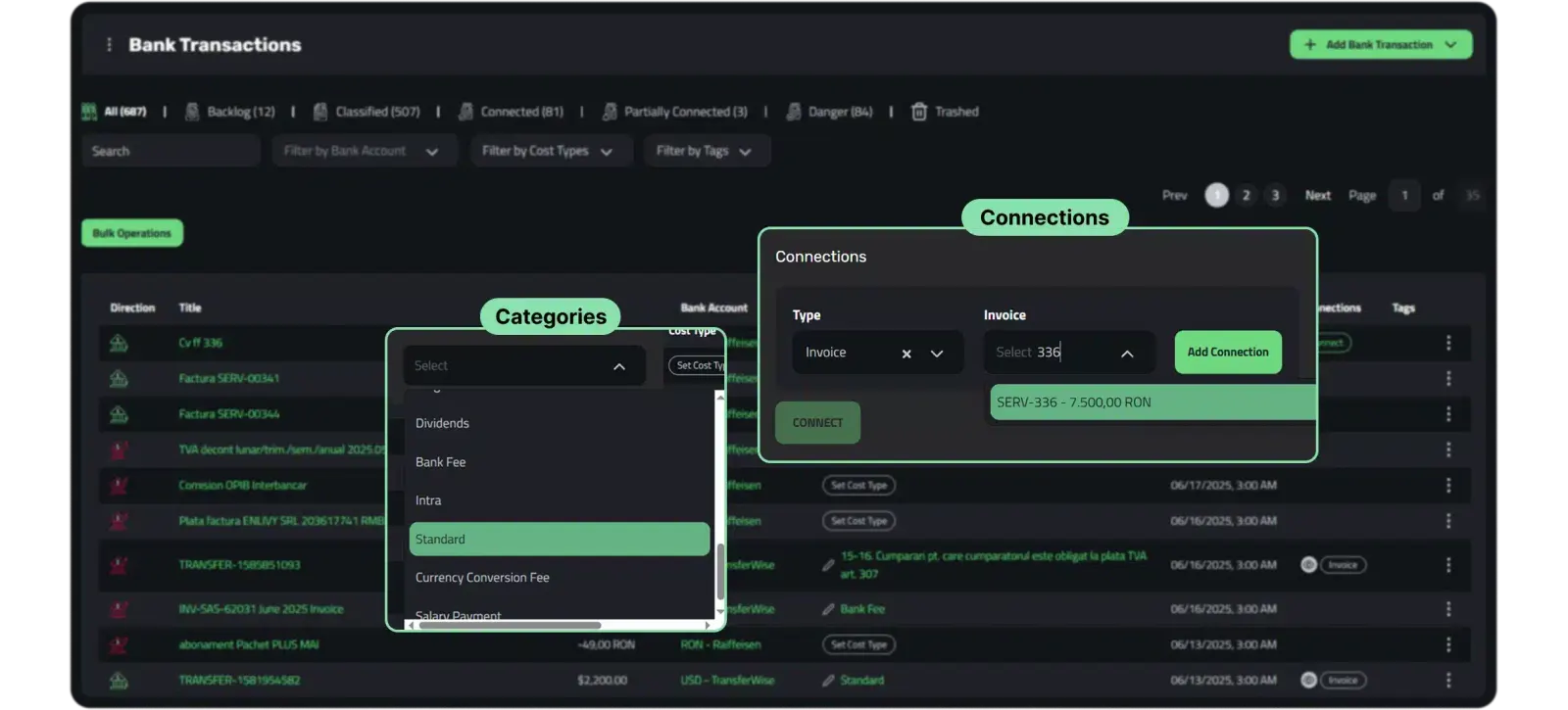 Bank transactions matched to their invoices in Enlivy