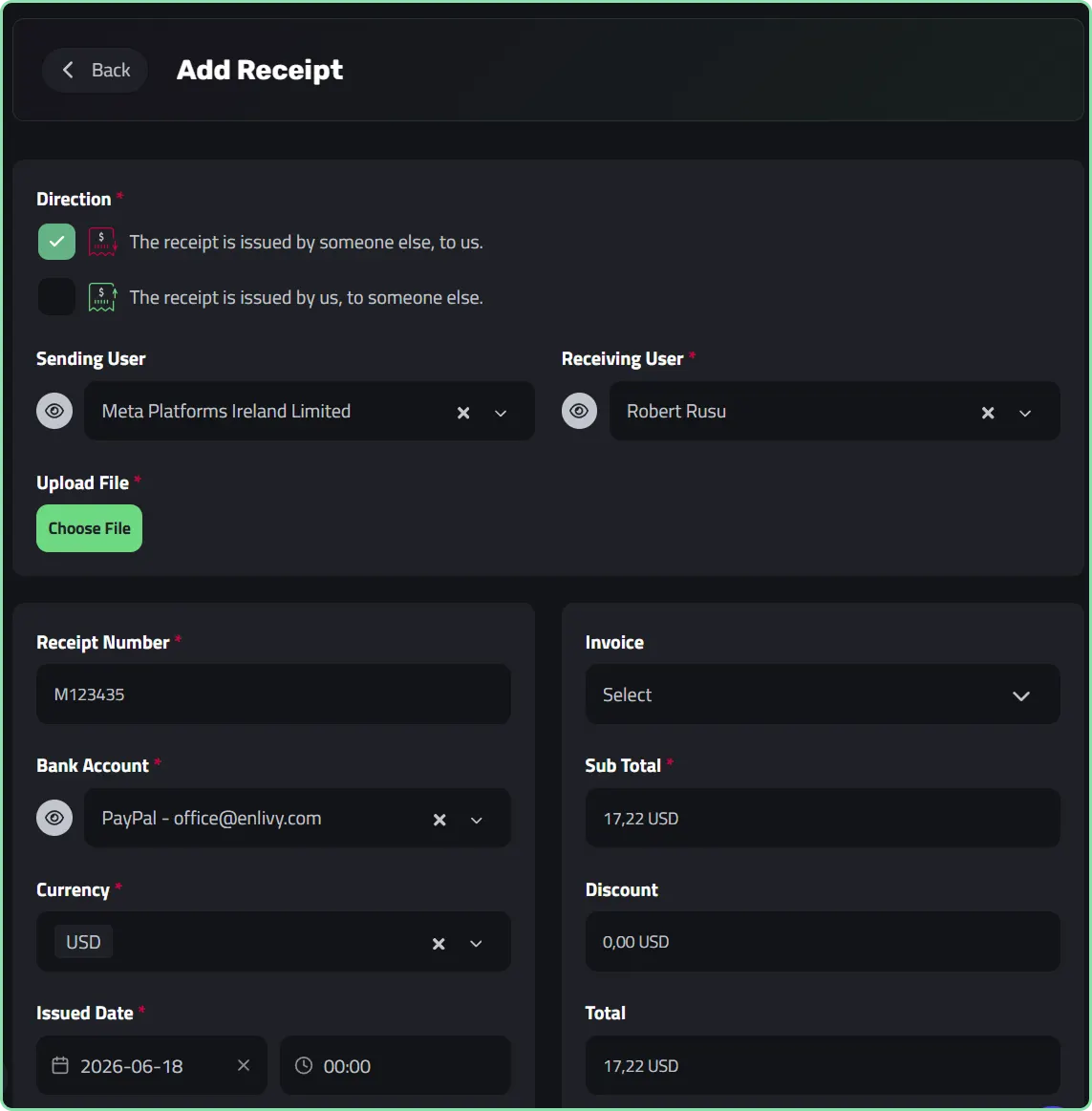 Logging a receipt in Enlivy