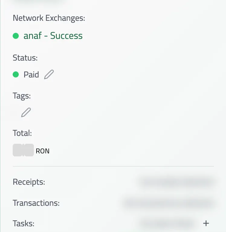 An invoice's card showing its e-Factura result, its Paid status and the receipt, bank transaction and tasks linked to it