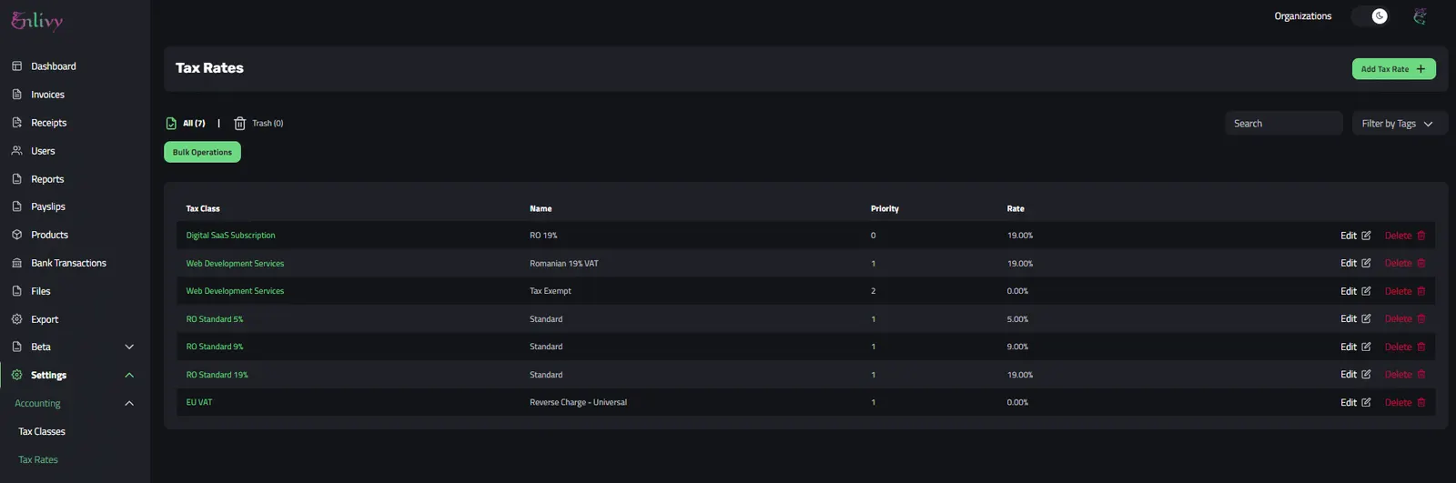 Taxes Rates User Interface in Enlivy App