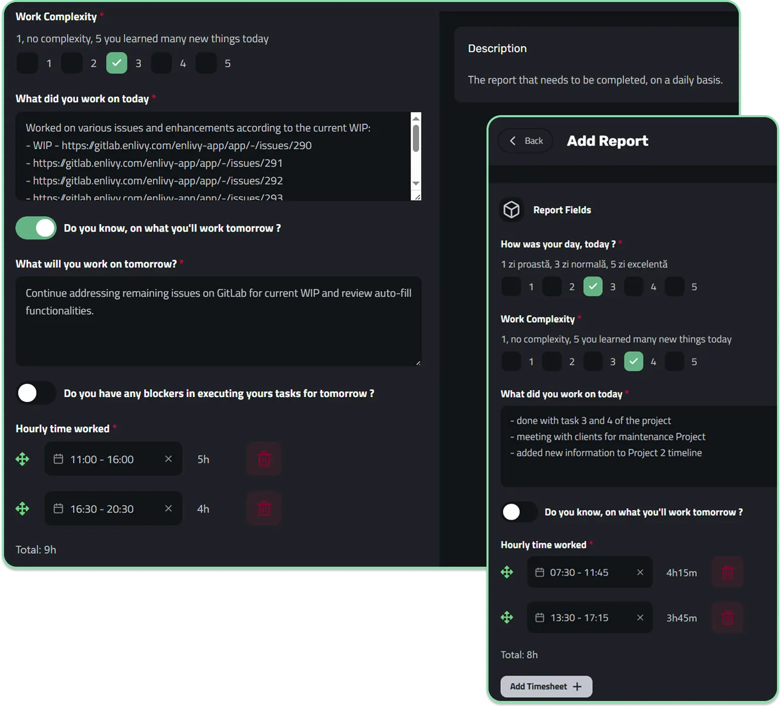 A user filling in and submitting a report in Enlivy