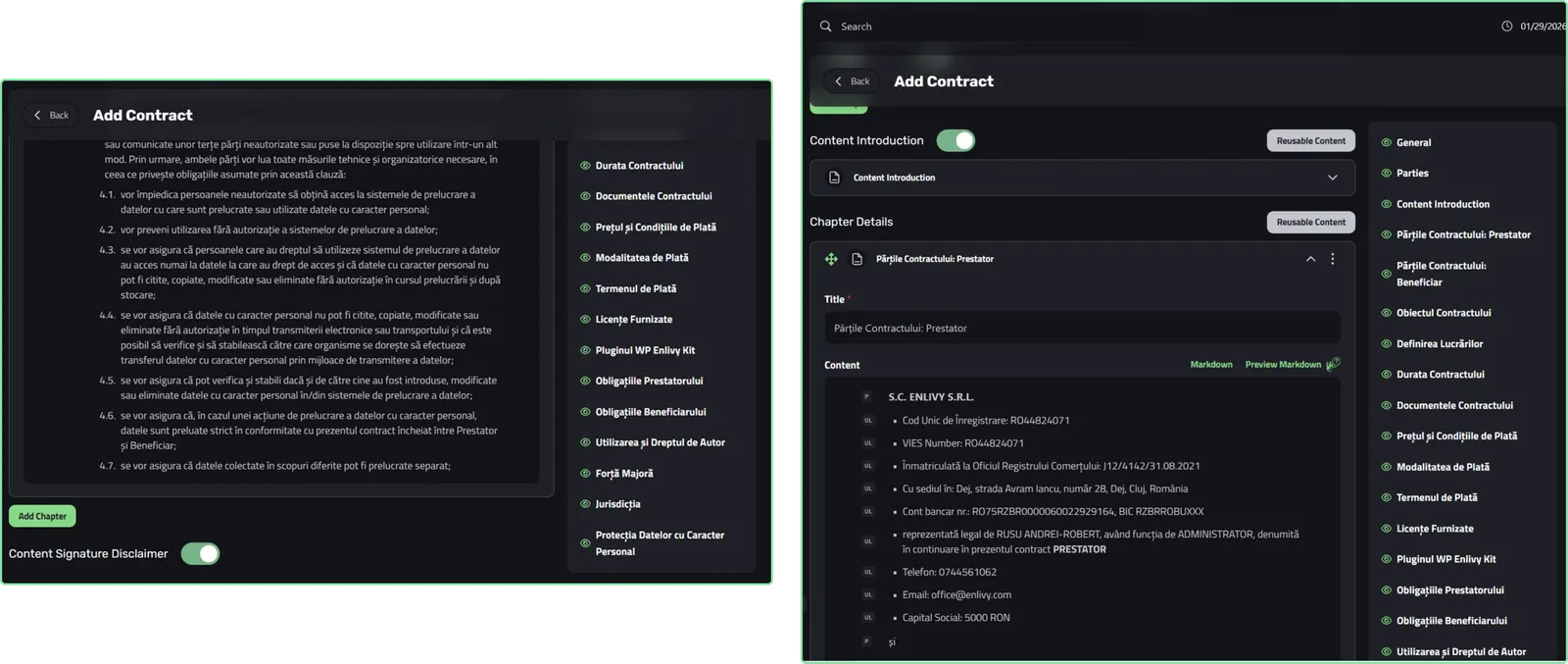 The Enlivy contract editor with a document open
