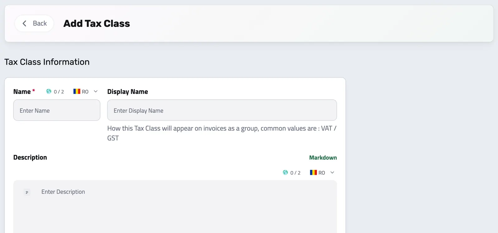 The new tax class form: name, the display name invoices show, and a description