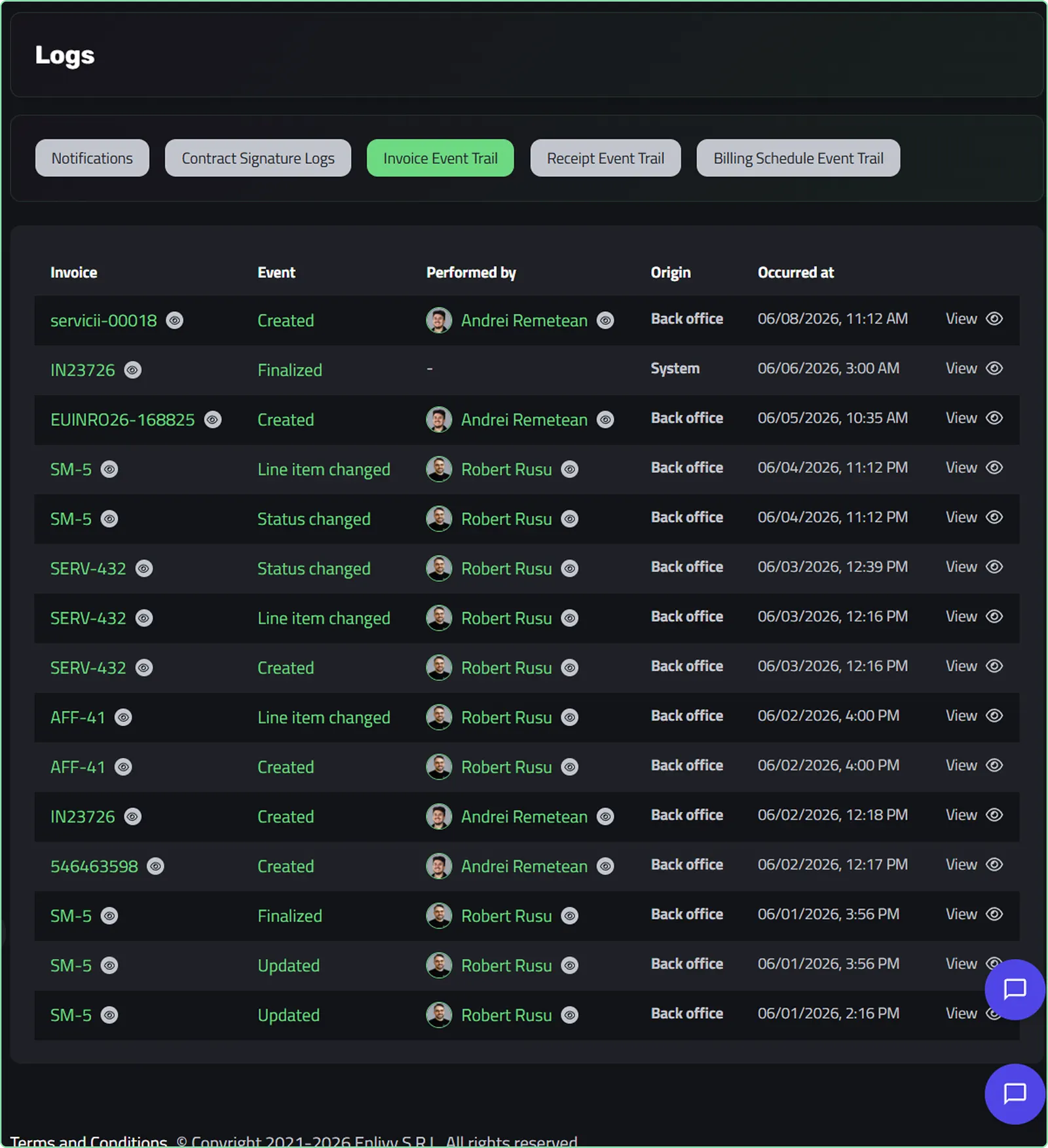 Invoice event trail log in Enlivy with timestamps and authors