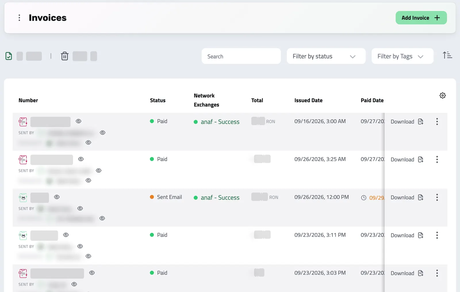 The invoice list with each invoice's status, e-Factura result and dates; numbers, clients and amounts blurred