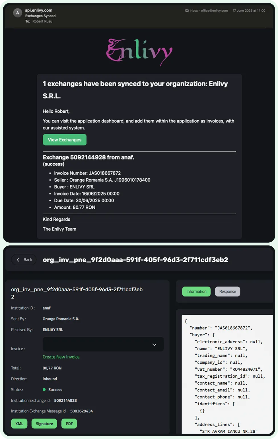Automated Invoice Sync - Both Ways 3 Enlivy syncing invoices to and from ANAF eFactura automatically, both ways