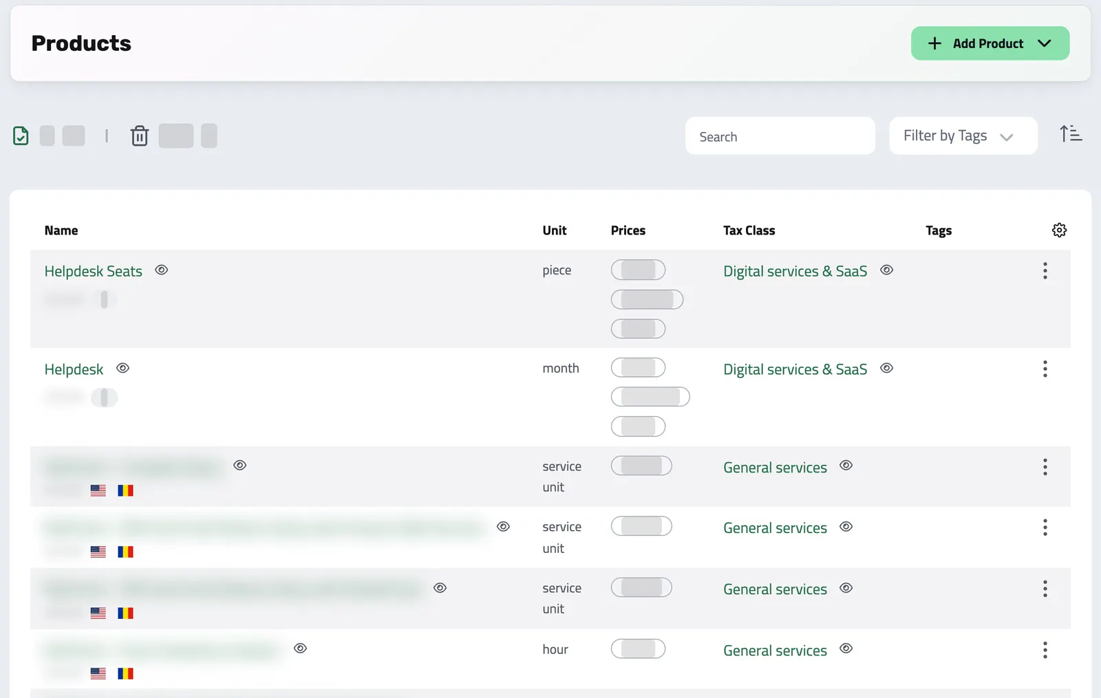 The Products list with each product's unit, prices and tax class; names and prices blurred