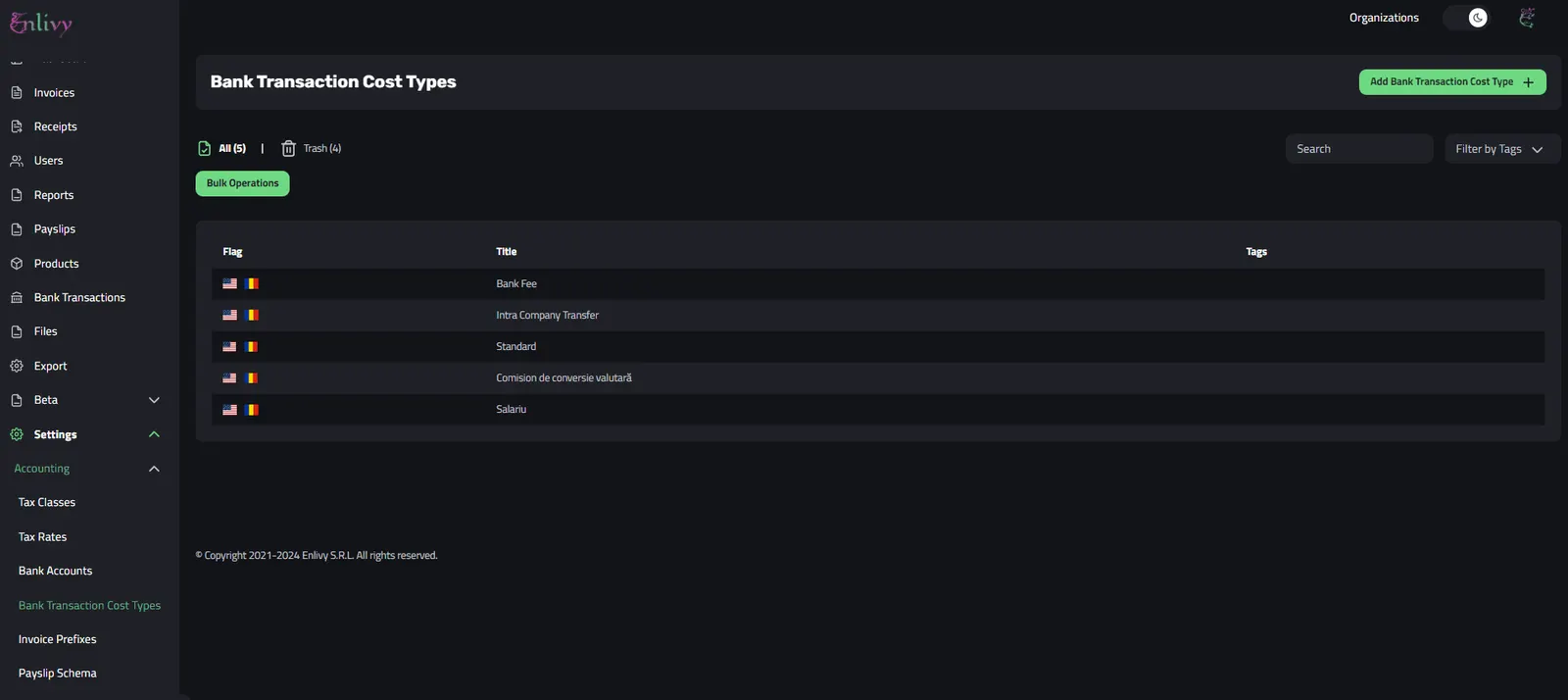 Example of bank transaction cost types classified in Enlivy