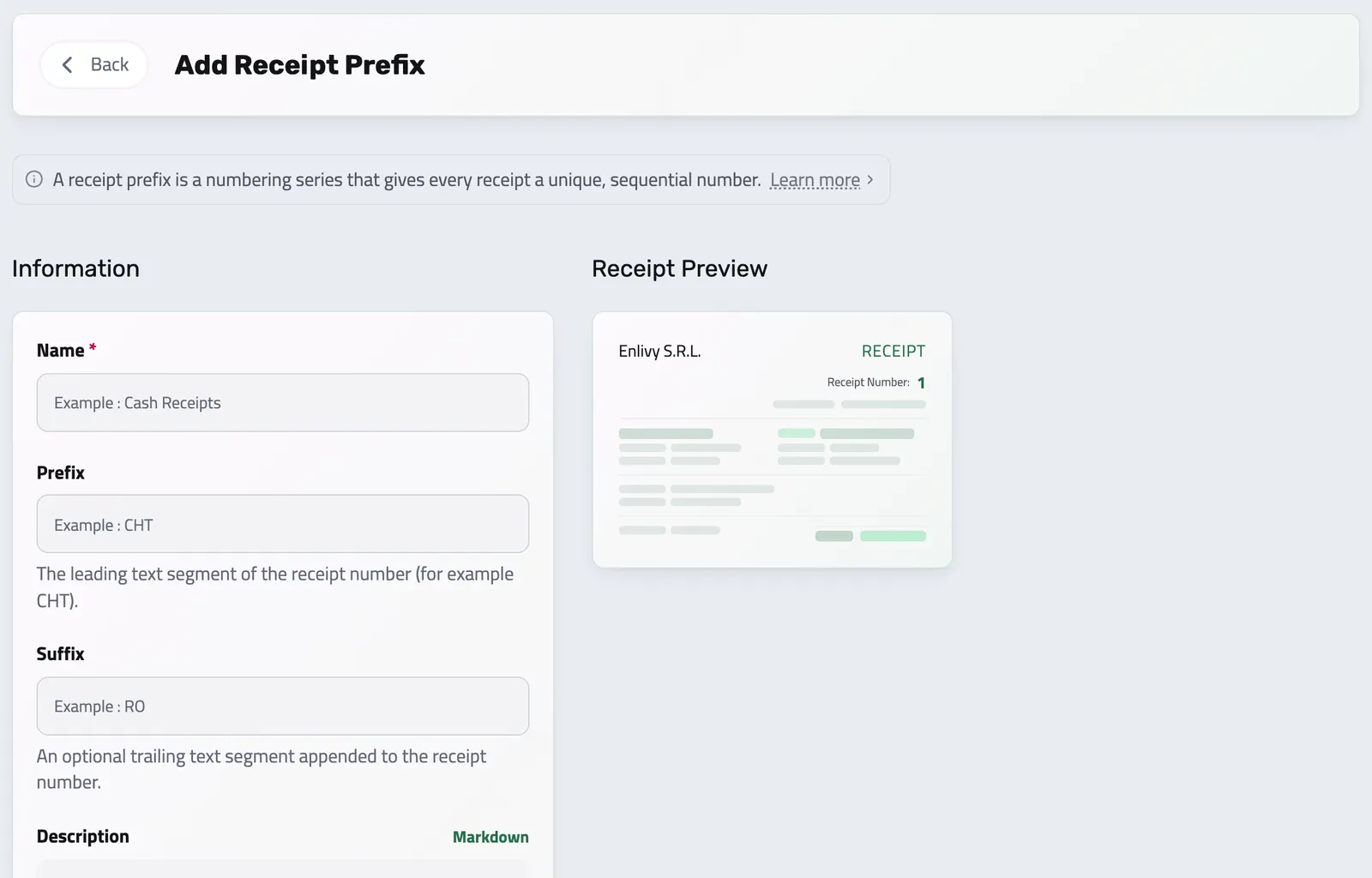 The new receipt prefix form with a preview of the receipt number it produces