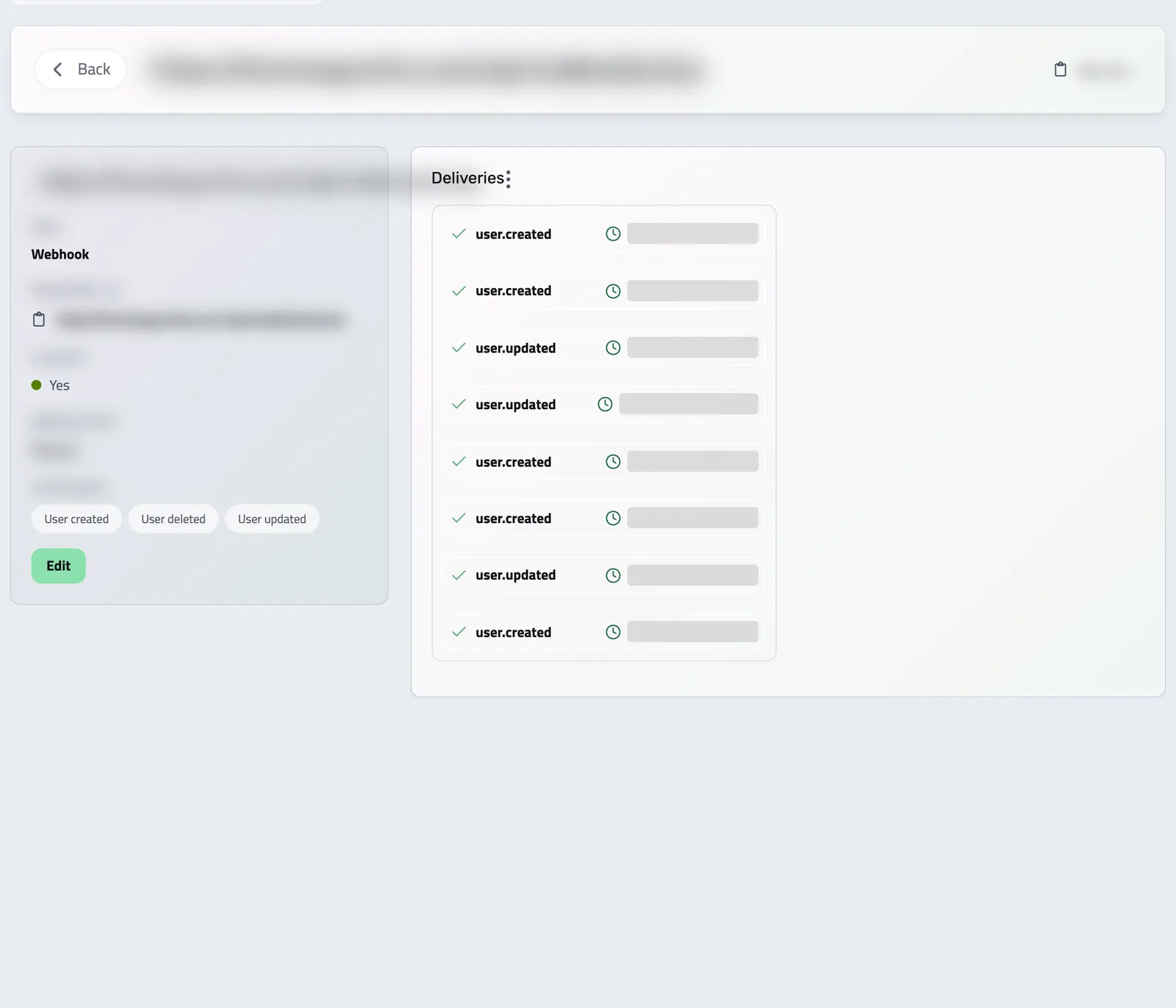 A webhook destination with the events it subscribes to and its recent deliveries; its address covered