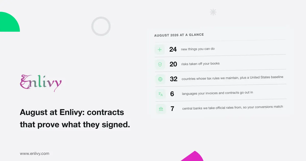Enlivy in August 2026: prove what was signed, and 20 risks removed