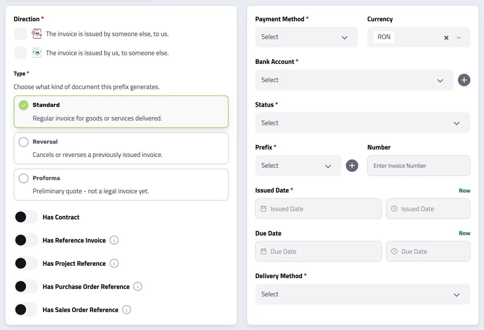 The new invoice form: direction, type, payment method, currency, bank account, status, numbering and dates