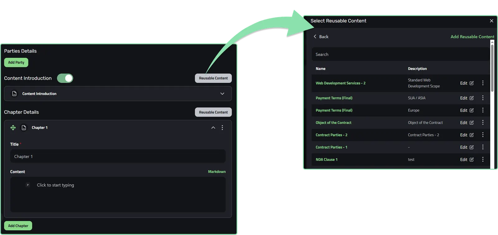 Reusable content blocks in an Enlivy contract