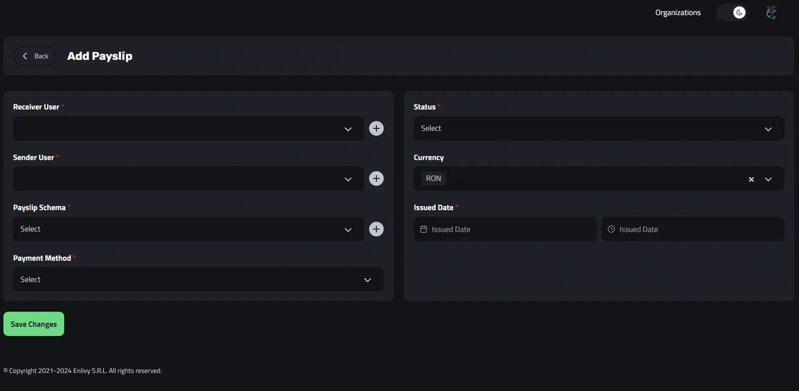 Initial Fields when Adding a Payslip In Enlivy