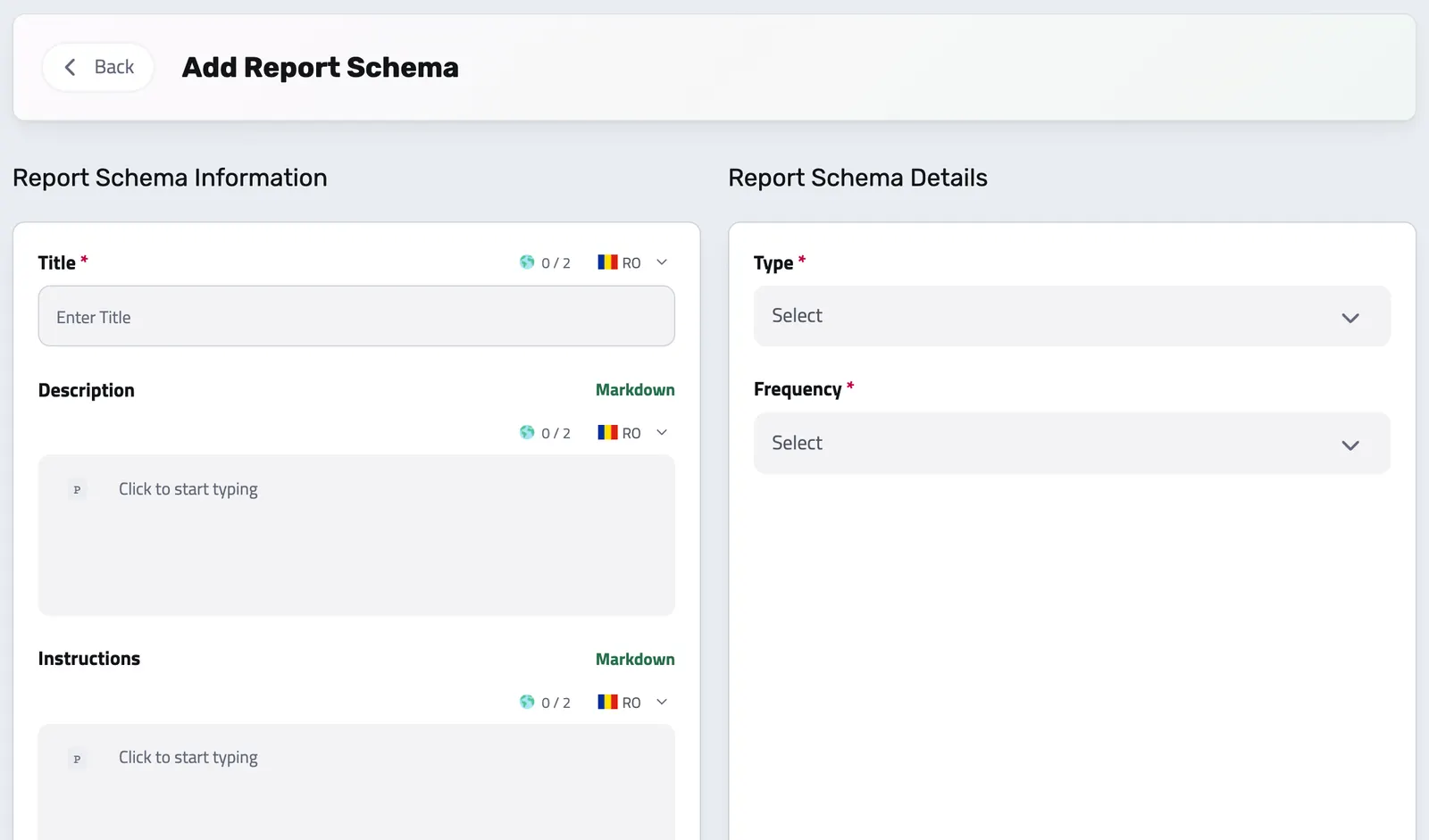 The new report schema form: title, description, instructions, type and frequency