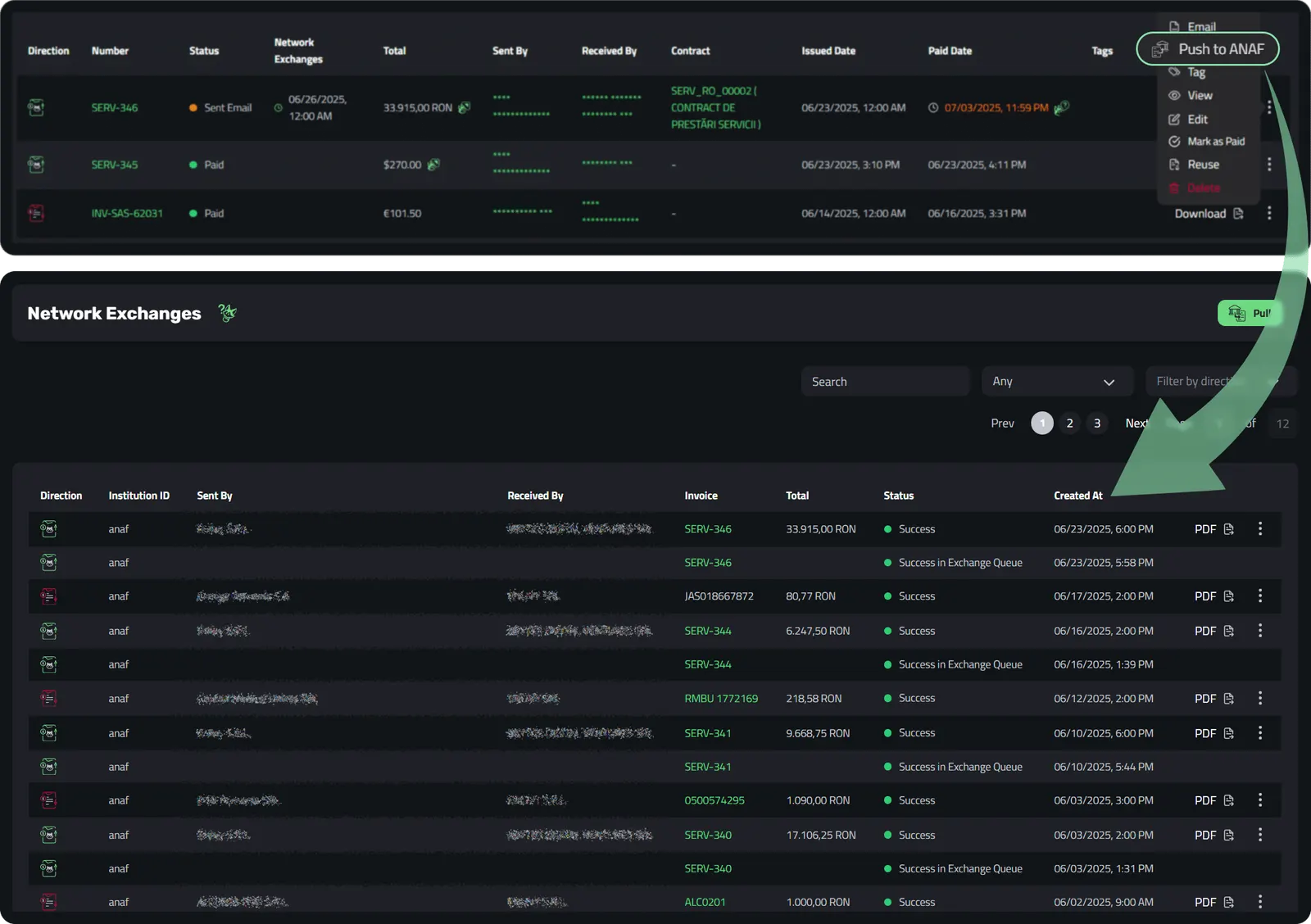 The Enlivy network exchanges dashboard connected to ANAF eFactura