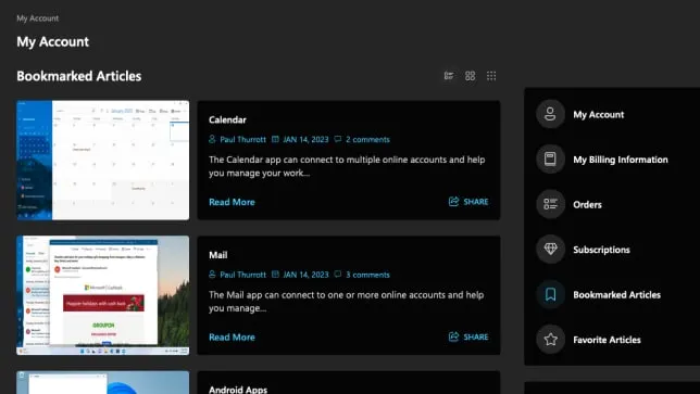 Bookmarked articles on Thurrott.com